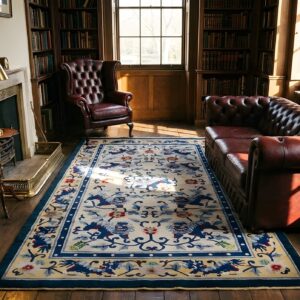 Luxurious Silk Pile Antique Ivory Artistic Chinese Foo Dog Design Rug (SKU 25315) - room view