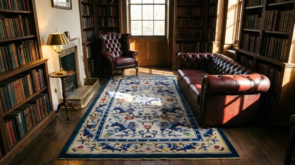 Luxurious silk pile antique ivory artistic chinese foo dog design rug 7 Luxurious silk pile antique ivory artistic chinese foo dog design rug (sku 25315) - room view