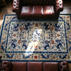 Luxurious Silk Pile Antique Ivory Artistic Chinese Foo Dog Design Rug (SKU 25315) - styled overhead view