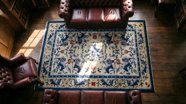 Luxurious silk pile antique ivory artistic chinese foo dog design rug 2 Luxurious silk pile antique ivory artistic chinese foo dog design rug (sku 25315) - styled overhead view