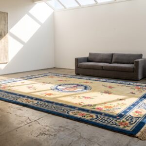 Antique Luxurious Silk Pile Room Size Chinese Art Deco Design Yellow Rug (SKU 21965) - room view