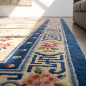 Antique Luxurious Silk Pile Room Size Chinese Art Deco Design Yellow Rug (SKU 21965) - in-room detail