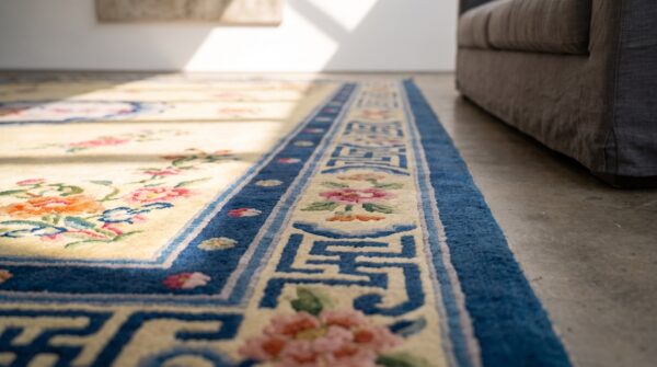 Antique luxurious silk pile room size chinese art deco design yellow rug (sku 21965) - in-room detail