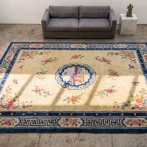 Antique Luxurious Silk Pile Room Size Chinese Art Deco Design Yellow Rug (SKU 21965) - styled overhead view
