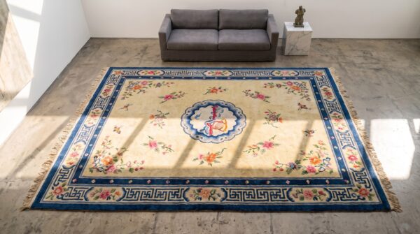 Antique luxurious silk pile room size chinese art deco design yellow rug (sku 21965) - styled overhead view