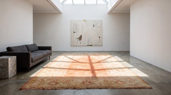 Luxurious soft pile antique coral turkish islamic prayer design angora oushak rug 7 Luxurious soft pile antique coral turkish islamic prayer design angora oushak rug (sku 21273) - room view