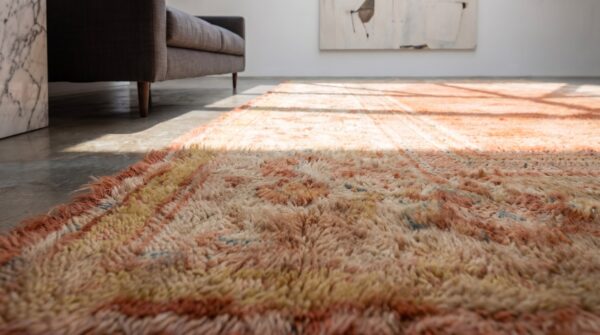 Luxurious soft pile antique coral turkish islamic prayer design angora oushak rug 8 Luxurious soft pile antique coral turkish islamic prayer design angora oushak rug (sku 21273) - in-room detail