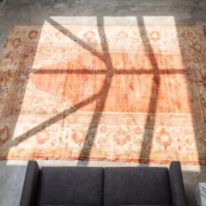 Luxurious Soft Pile Antique Coral Turkish Islamic Prayer Design Angora Oushak Rug (SKU 21273) - styled overhead view