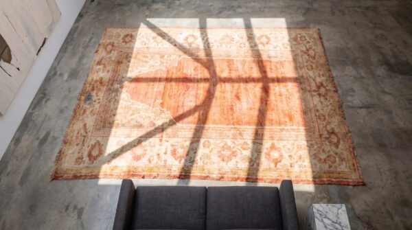 Luxurious soft pile antique coral turkish islamic prayer design angora oushak rug 2 Luxurious soft pile antique coral turkish islamic prayer design angora oushak rug (sku 21273) - styled overhead view