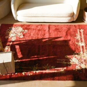 Luxurious Soft Plush Wool Pile Antique Red Chinese Deco Small Size Area Rug (SKU 25162) - styled overhead view