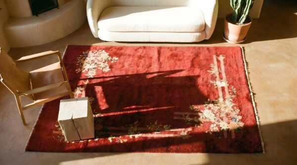 Luxurious soft plush wool pile antique red chinese deco small size area rug 2 Luxurious soft plush wool pile antique red chinese deco small size area rug (sku 25162) - styled overhead view