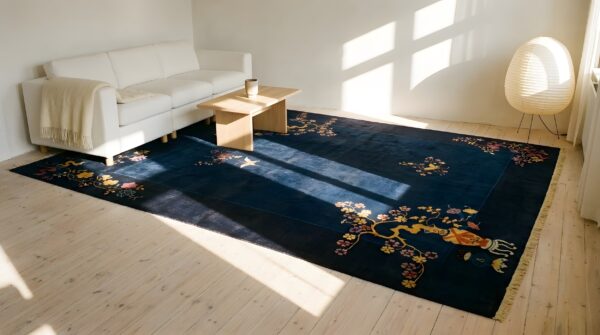 Luxurious soft wool pile antique rich blue color chinese deco rug 7 Luxurious soft wool pile antique rich blue color chinese deco rug (sku 24121) - room view