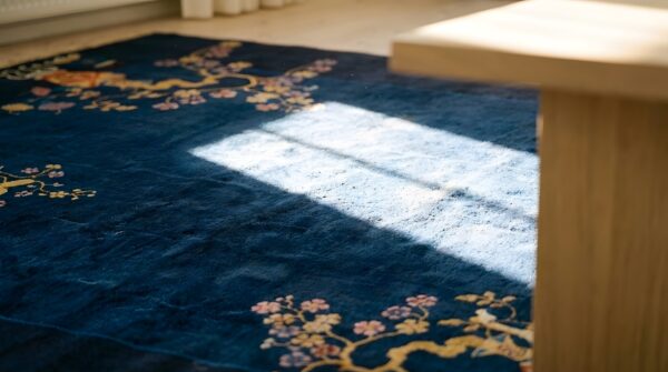Luxurious soft wool pile antique rich blue color chinese deco rug 8 Luxurious soft wool pile antique rich blue color chinese deco rug (sku 24121) - in-room detail