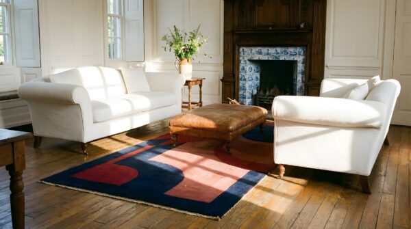 Magnificent geometric art deco pattern antique small size chinese wool rug 7 Magnificent geometric art deco pattern antique small size chinese wool rug (sku 25197) - room view