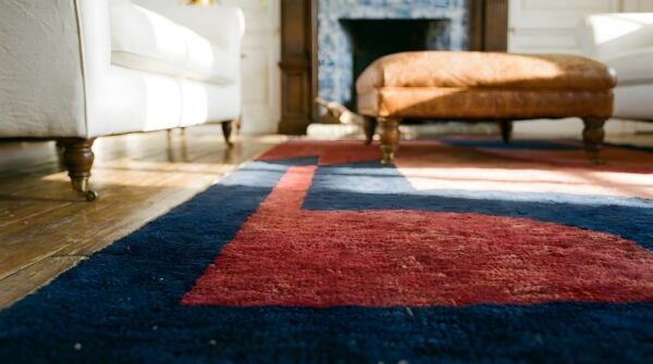 Magnificent geometric art deco pattern antique small size chinese wool rug 8 Magnificent geometric art deco pattern antique small size chinese wool rug (sku 25197) - in-room detail
