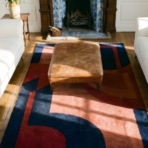 Magnificent Geometric Art Deco Pattern Antique Small Size Chinese Wool Rug (SKU 25197) - styled overhead view