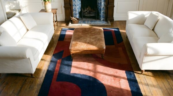Magnificent geometric art deco pattern antique small size chinese wool rug 2 Magnificent geometric art deco pattern antique small size chinese wool rug (sku 25197) - styled overhead view