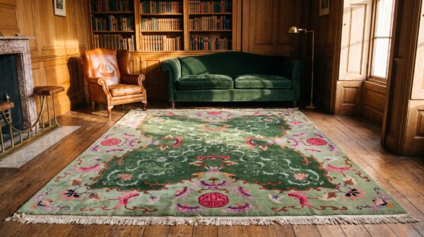 Magnificent green color antique art deco chinese wool pile rug (sku 21908) - room view