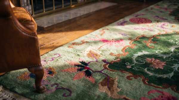 Magnificent green color antique art deco chinese wool pile rug (sku 21908) - in-room detail