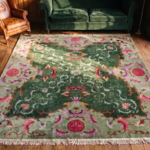 Magnificent Green Color Antique Art Deco Chinese Wool Pile Rug (SKU 21908) - styled overhead view