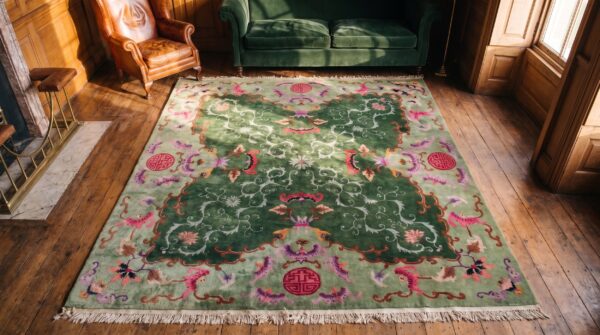 Magnificent green color antique art deco chinese wool pile rug (sku 21908) - styled overhead view