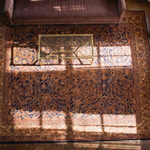 Magnificent Navy Blue Color Fine Weave Floral Design Antique Persian Sarouk Rug (SKU 21894) - styled overhead view