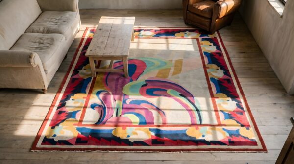 Magnificent rare and beautifully artistic antique art deco chinese rug 2 Magnificent rare and beautifully artistic antique art deco chinese rug (sku 22213) - styled overhead view