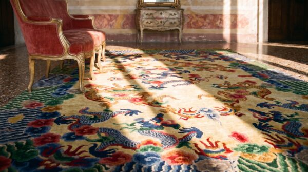 Magnificently artistic antique dragon chinese design fine silk rug 11 Magnificently artistic antique dragon chinese design fine silk rug (sku 21859) - in-room detail