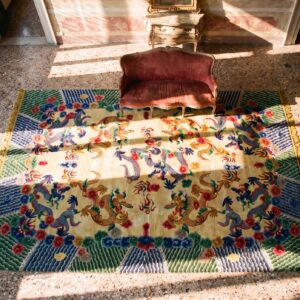 Magnificently Artistic Antique Dragon Chinese Design Fine Silk Rug (SKU 21859) - styled overhead view