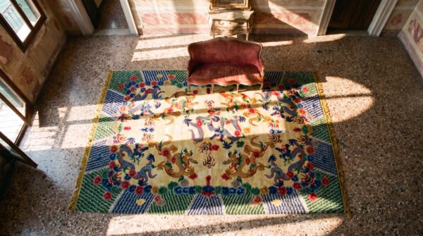 Magnificently artistic antique dragon chinese design fine silk rug 2 Magnificently artistic antique dragon chinese design fine silk rug (sku 21859) - styled overhead view