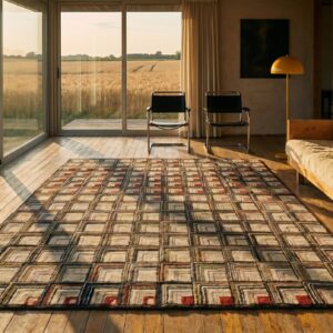 Magnificently Artistic Folk Art Log Cabin Design Antique American Hooked Rug (SKU 17370) - room view