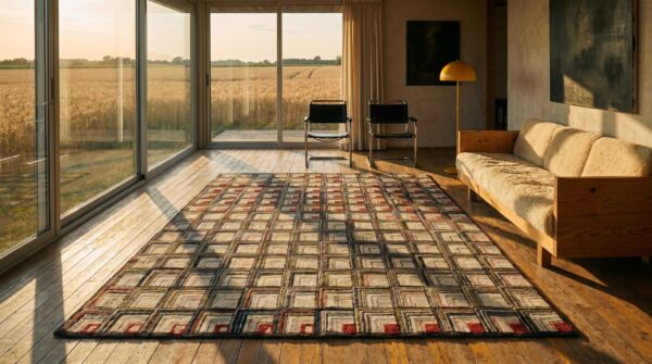Magnificently artistic folk art log cabin design antique american hooked rug 7 Magnificently artistic folk art log cabin design antique american hooked rug (sku 17370) - room view