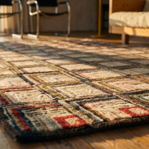 Magnificently Artistic Folk Art Log Cabin Design Antique American Hooked Rug (SKU 17370) - in-room detail