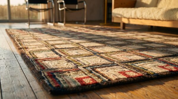 Magnificently artistic folk art log cabin design antique american hooked rug 8 Magnificently artistic folk art log cabin design antique american hooked rug (sku 17370) - in-room detail