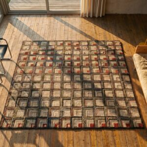 Magnificently Artistic Folk Art Log Cabin Design Antique American Hooked Rug (SKU 17370) - styled overhead view