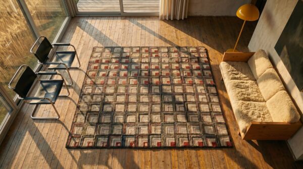 Magnificently artistic folk art log cabin design antique american hooked rug 2 Magnificently artistic folk art log cabin design antique american hooked rug (sku 17370) - styled overhead view