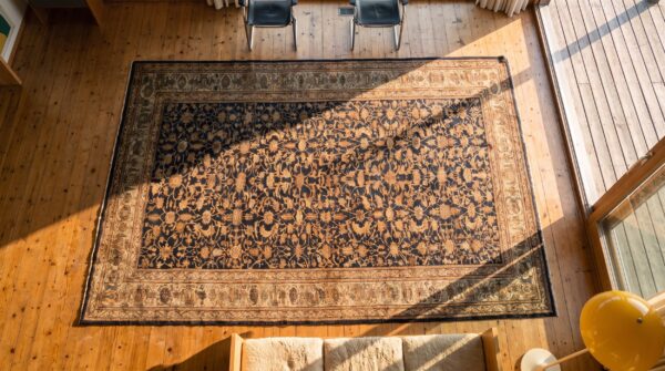 Antique malayer large wool blue hand knotted pile rug 2 Antique malayer large wool blue hand knotted pile rug (sku 21080) - styled overhead view