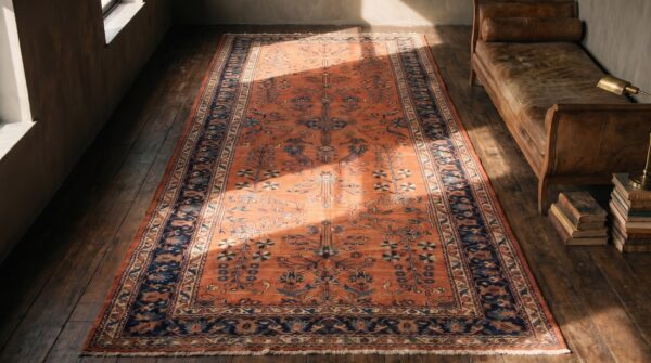 Antique malayer large room size wool coral rug 2 Antique malayer large room size wool coral rug (sku 19964) - styled overhead view