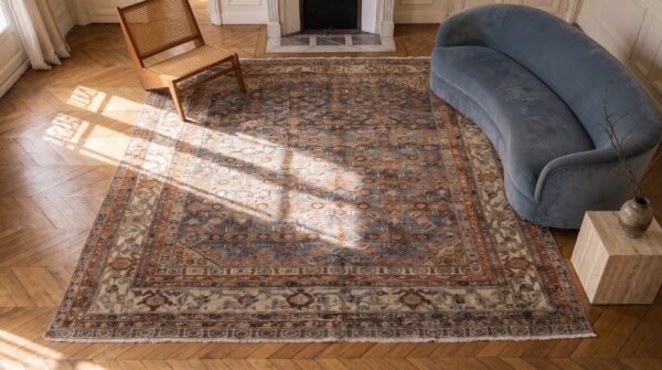 Antique malayer persian allover floral hand knotted pile rug 2 Antique malayer persian allover floral hand knotted pile rug (sku 22494) - styled overhead view
