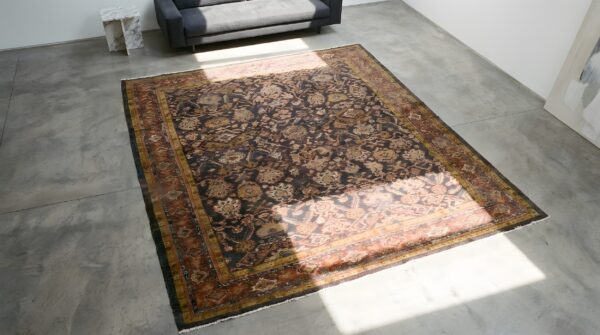 Antique malayer persian allover tribal floral square hand knotted rug 2 Antique malayer persian allover tribal floral square hand knotted rug (sku 22909) - styled overhead view
