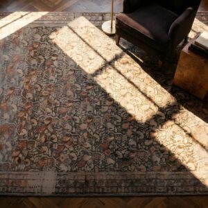 Antique Malayer Persian Geometric Knotted Rug (SKU 23697) - styled overhead view