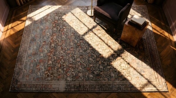Antique malayer persian geometric knotted rug 2 Antique malayer persian geometric knotted rug (sku 23697) - styled overhead view