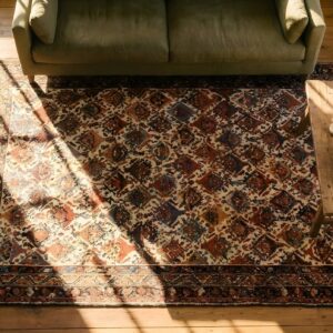 Antique Malayer Persian Geometric Ivory 1890s Rug (SKU 23814) - styled overhead view