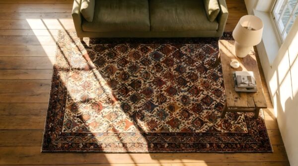 Antique malayer persian geometric ivory 1890s rug 2 Antique malayer persian geometric ivory 1890s rug (sku 23814) - styled overhead view