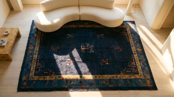 Antique wool - manchester blue hand knotted pile rug 2 Antique wool - manchester blue hand knotted pile rug (sku 24931) - styled overhead view