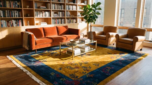 Antique wool - manchester yellow hand knotted pile rug 7 Antique wool - manchester yellow hand knotted pile rug (sku 24267) - room view