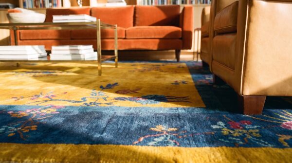 Antique wool - manchester yellow hand knotted pile rug 8 Antique wool - manchester yellow hand knotted pile rug (sku 24267) - in-room detail