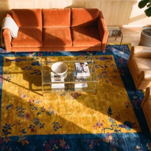 Antique Wool - Manchester Yellow Hand Knotted Pile Rug (SKU 24267) - styled overhead view