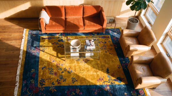 Antique wool - manchester yellow hand knotted pile rug 2 Antique wool - manchester yellow hand knotted pile rug (sku 24267) - styled overhead view
