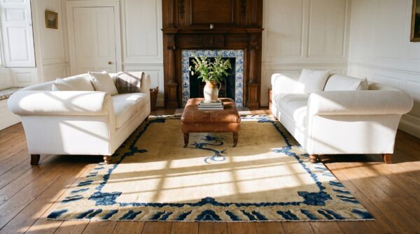 Antique medallion wool hand knotted pile blue 1920s rug 9 Antique medallion wool hand knotted pile blue 1920s rug (sku 25546) - room view
